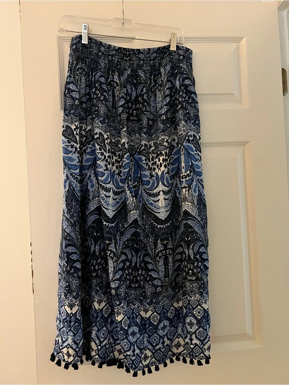 J. Jill Blue and White Paisley Midi Skirt with Tassel Hem